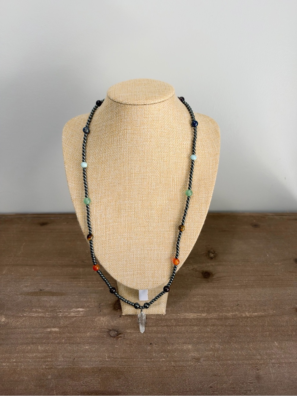 Natural Gemstone Hematite Beaded Necklace Clear Quartz Point Pendant 28” Boho